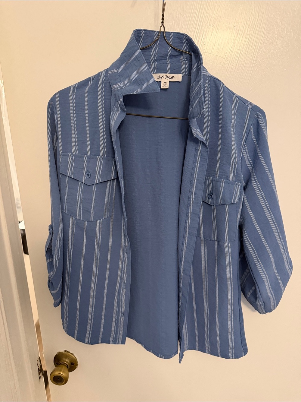 Striped Blue Button-Down Shirt Jacket - 3/4 Sleeve